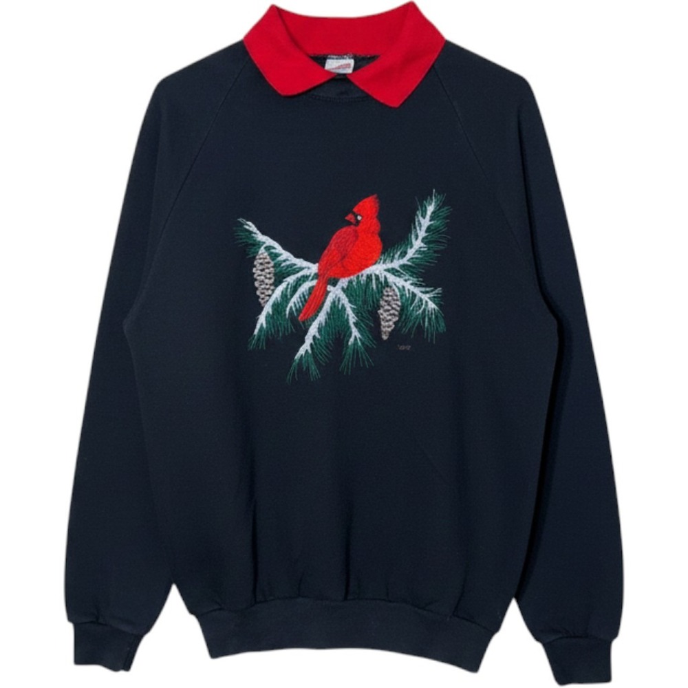 Vintage 1991 Jerzees Cardinal Bird Sweatshirt XL Black Red Collar Made in USA